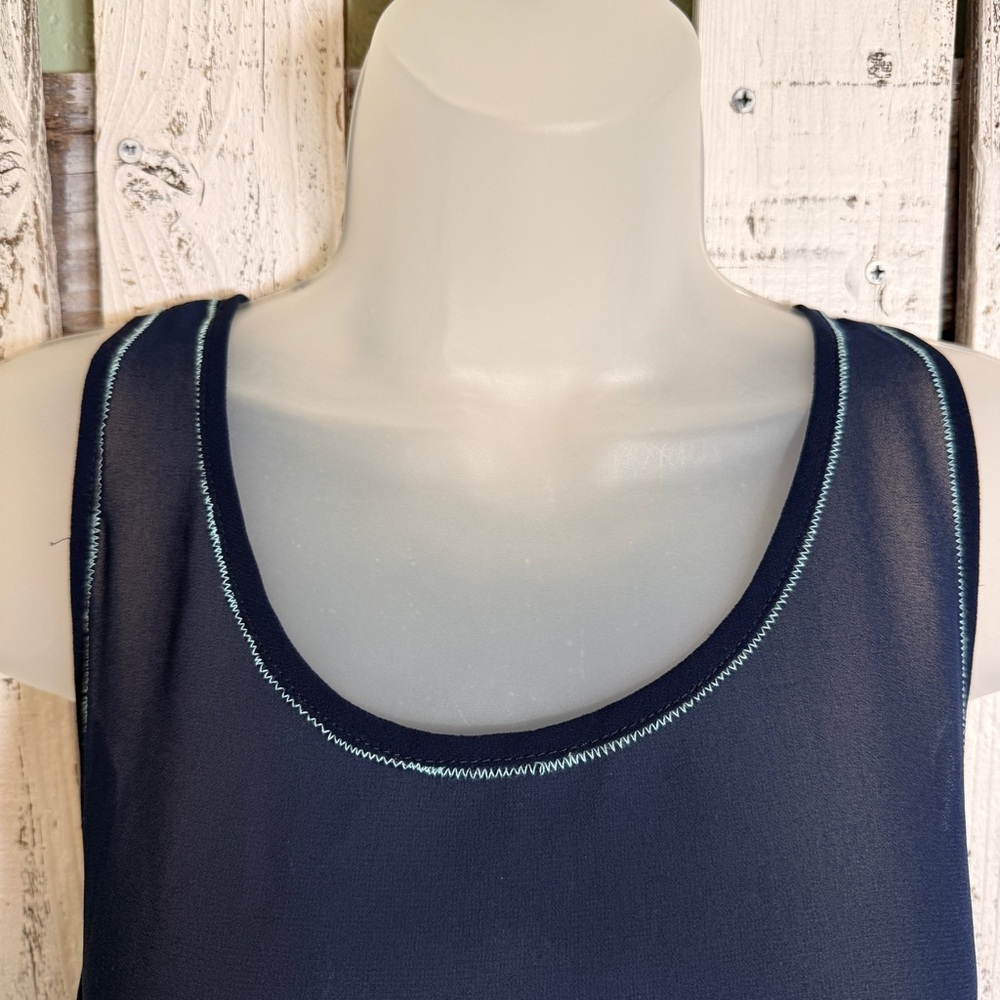 Blue‎ Rain Sheer Top Size Large Sleeveless Embroidered Chevron Navy Blue Teal - Picture 4 of 10
